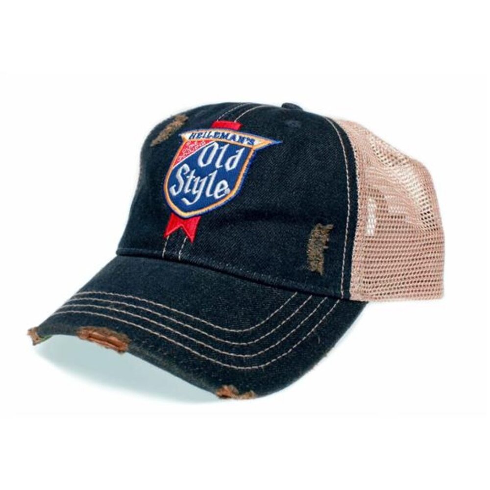 Milwaukee Retro Heilemans Old Style Beer Hat Blue Denim Party 70s Cap Distressed - Picture 2 of 3
